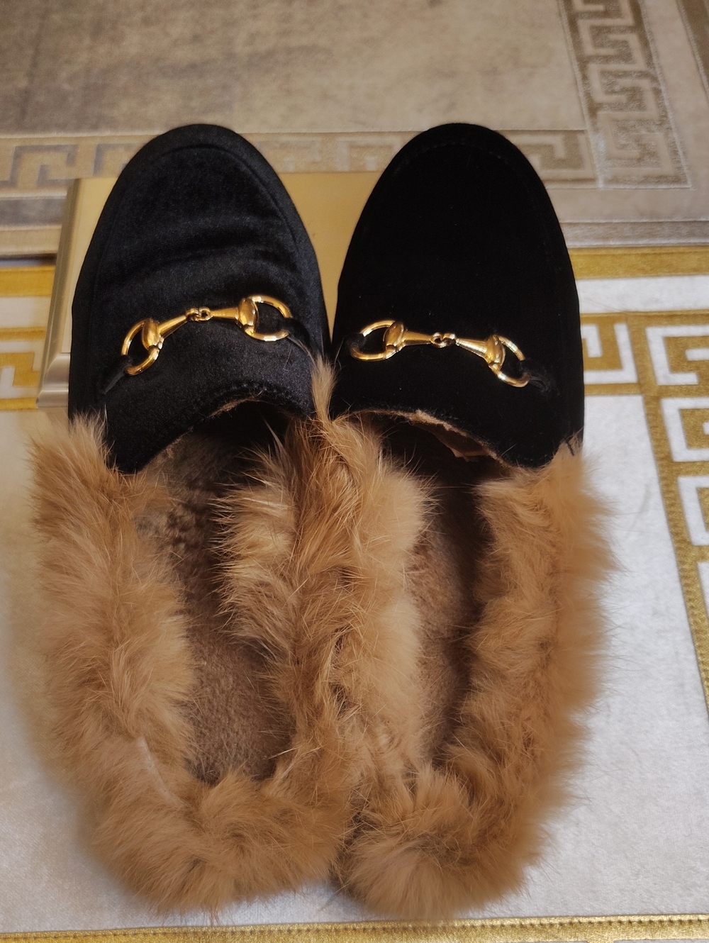 NEW Black Velvet Fur-Lined Loafers with Gold Horsebit